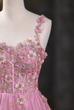 Pink Applique Long Prom Dress, A-Line Spaghetti Straps Formal Dress HZ0429