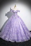 Purple Floral Tulle Long Prom Dress, Lovely A-Line Off the Shoulder Party Dress HZ0429