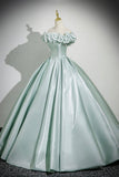 Green Satin Long Prom Dress, Beautiful Off the Shoulder Party Dress with Corset HZ0429