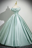 Green Satin Long Prom Dress, Beautiful Off the Shoulder Party Dress with Corset HZ0429