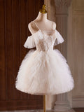 A-Line Tulle Layers Short Prom Dress, Light Champagne Spaghetti Strap Party Dress HZ0429