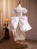 White Satin Beaded Knee Length Prom Dress, Cute A-Line Short Sleeve Party Dress with Bow HZ0429