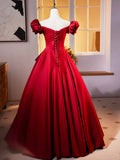 Dark Red Satin Long Prom Dress, Off the Shoulder A-Line Formal Evening Dress HZ0429