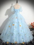 Blue Tulle Floor Length Prom Dress, Beautiful Short Sleeve Evening Party Dress HZ0429