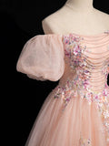 Pink Tulle Lace Long Prom Dress, Beautiful A-Line Off the Shoulder Evening Party Dress HZ0429