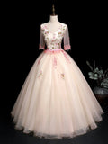 Champagne V-Neck Tulle Lace Long Prom Dress, A-Line Lovely Evening Party Dress HZ0429