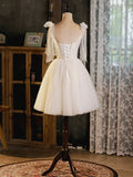 Light Champagne Short Tulle Homecoming Dress, Lovely A-Line Spaghetti Strap Evening Party Dress HZ0429