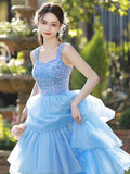 Pink/Blue Tulle Layers Long A-Line Prom Dress, A-Line Spaghetti Strap Sequins Evening Dress HZ0429