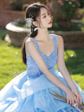 Pink/Blue Tulle Layers Long A-Line Prom Dress, A-Line Spaghetti Strap Sequins Evening Dress HZ0429