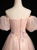 Pink Tulle Lace Long Prom Dress, Beautiful A-Line Off the Shoulder Evening Party Dress HZ0429