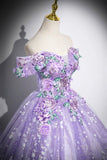 Purple Floral Tulle Long Prom Dress, Lovely A-Line Off the Shoulder Party Dress HZ0429