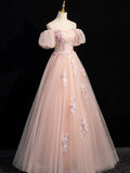 Pink Tulle Lace Long Prom Dress, Beautiful A-Line Off the Shoulder Evening Party Dress HZ0429
