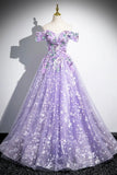 Purple Floral Tulle Long Prom Dress, Lovely A-Line Off the Shoulder Party Dress HZ0429