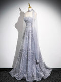 Shiny Tulle Sequins Floor Length Prom Dress,  Gray A-Line Evening Party Dress HZ0429