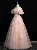 Pink Tulle Lace Long Prom Dress, Beautiful A-Line Off the Shoulder Evening Party Dress HZ0429