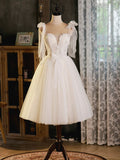 Light Champagne Short Tulle Homecoming Dress, Lovely A-Line Spaghetti Strap Evening Party Dress HZ0429