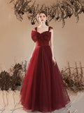 Burgundy Tulle Long Prom Dress, Lovely A-Line Evening Party Dress with Bow HZ0429