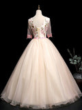 Champagne V-Neck Tulle Lace Long Prom Dress, A-Line Lovely Evening Party Dress HZ0429