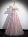 Pink Tulle Lace Long Prom Dress with Beaded, A-Line Off the Shoulder Evening Party Dress HZ0429