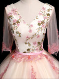 Champagne V-Neck Tulle Lace Long Prom Dress, A-Line Lovely Evening Party Dress HZ0429