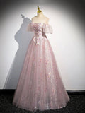Pink Tulle Lace Long Prom Dress with Beaded, A-Line Off the Shoulder Evening Party Dress HZ0429