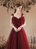 Burgundy Tulle Long Prom Dress, Lovely A-Line Evening Party Dress with Bow HZ0429