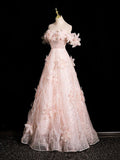 Pink Tulle Sequins Long Prom Dress, Beautiful Off the Shoulder Evening Party Dress HZ0429