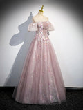 Pink Tulle Lace Long Prom Dress with Beaded, A-Line Off the Shoulder Evening Party Dress HZ0429