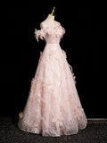 Pink Tulle Sequins Long Prom Dress, Beautiful Off the Shoulder Evening Party Dress HZ0429
