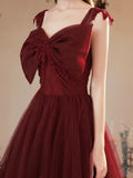 Burgundy Tulle Long Prom Dress, Lovely A-Line Evening Party Dress with Bow HZ0429