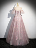 Pink Tulle Lace Long Prom Dress with Beaded, A-Line Off the Shoulder Evening Party Dress HZ0429