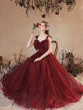 Burgundy Tulle Long Prom Dress, Lovely A-Line Evening Party Dress with Bow HZ0429