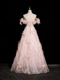 Pink Tulle Sequins Long Prom Dress, Beautiful Off the Shoulder Evening Party Dress HZ0429