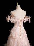 Pink Tulle Sequins Long Prom Dress, Beautiful Off the Shoulder Evening Party Dress HZ0429