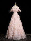 Pink Tulle Sequins Long Prom Dress, Beautiful Off the Shoulder Evening Party Dress HZ0429