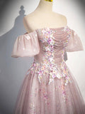 Pink Tulle Lace Long Prom Dress with Beaded, A-Line Off the Shoulder Evening Party Dress HZ0429