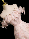 Pink Tulle Sequins Long Prom Dress, Beautiful Off the Shoulder Evening Party Dress HZ0429