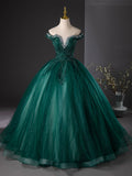 Dark Green Tulle Sequins Long Formal Dress, Retro Off the Shoulder Evening Party Dress HZ0429