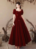 Burgundy Velvet Long Prom Dress, Lovely A-Line Short Sleeve Party Dress HZ0429
