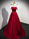 White and Burgundy Satin Long Prom Dress, Beautiful A-Line Short Sleeve Evening Dress HZ0429