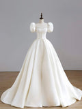White Satin Long Formal Wedding Dress, Elegant Short Sleeve Evening Dress HZ0429