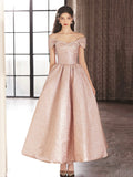 Cute Satin Tea Length Prom Dress, Off the Shoulder Pink A-Line Party Dress HZ0429