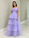 Purple Tulle Floor Length A-Line Prom Dress, Off the Shoulder Evening Party Dress HZ0429