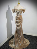 Gold  Sequins Floor Length Prom Dress, Mermaid Off the Shoulder Evening Party Dress HZ0429