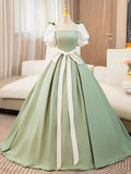 White and Green Satin Long Prom Dress, A-Line Short Sleeve Evening Party Dress HZ0429