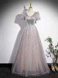 A-Line Tulle Sequins Floor Length Prom Dress, Beautiful Short Sleeve Party Dress HZ0429