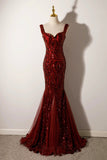 Mermaid Sequins Long Prom Dress, Burgundy Backless Evening Party Dress HZ0429