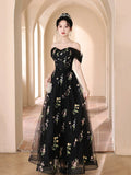 Black Floral Tulle Floor Length Prom Dress, Off the Shoulder Evening Party Dress HZ0429