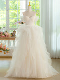 Light Champagne Spaghetti Strap Tulle Long Prom Dress, Beautiful A-Line Formal Evening Dress HZ0429