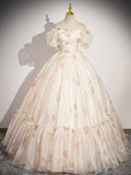 Champagne Floral Tulle Long Prom Dress, Beautiful Short Sleeve A-Line Evening Party Dress HZ0429
